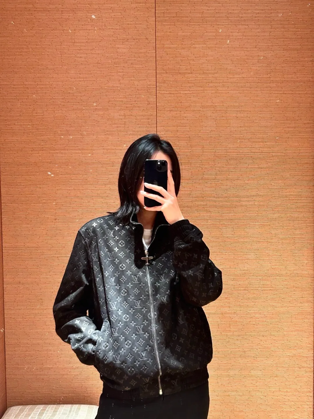 Louis Vuitton/Louis Vuitton aircraft button all-over printed embossed suede stand-collar jacket